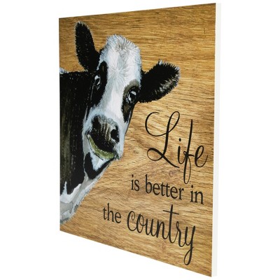 Rustic Light Brown Wood Country Wall Sign with Cow Illustration