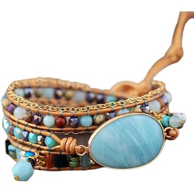 Women's Wrap Bracelet with Natural Jasper Crystal Stone Beads, Bohemian Leather Strand Bracelet