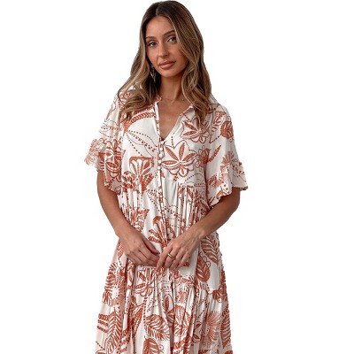 Midi Dress for Women Summer Flutter Bell Sleeves Front Button Drawstring V Neck Flowy Sundress Flounce Midi Tiered Boho Dress Babydoll Dress