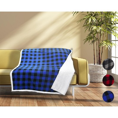Blue and Black Plaid Reversible Sherpa Fleece Throw Blanket 50" x 60"