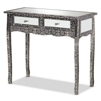 Wycliff Metal and Mirrored Glass 2 Drawer Console Table Dark Gray/Silver - Baxton Studio