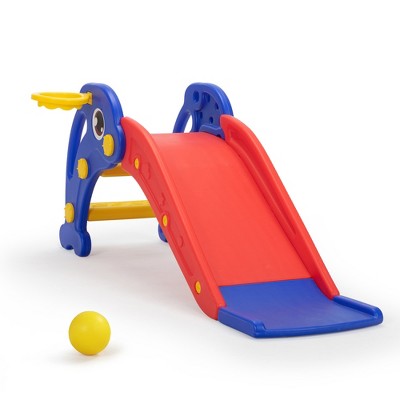 Infurnic Baby Activity Gyms Multifunctional Play Slide with Dolphin Patterns, Basketball Hoop, Climbing Ladders, Multicolored, 27.17"*7.09"*14.17"
