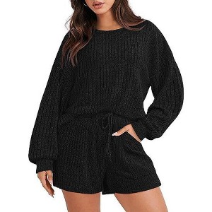 Pajamas Set for Women Knit Lounge Set 2 Piece Outfits Loungewear Sweatsuit with Pockets - 1 of 4