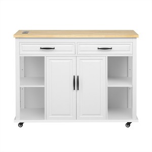 Gulches 47" Extendable Kitchen Island with Dining Table, White MDF/Rubber Wood, Built-in Power Outlet, 2 Drawers & 2 Cabinets, Mobile/Stationary - 1 of 4