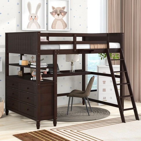 Full Size Wooden Loft Bed With Drawers, Shelves And Desk - ModernLuxe - image 1 of 4