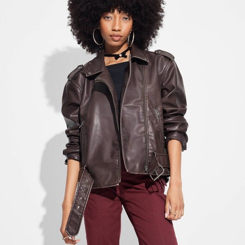 Women s Faux Leather Oversized Moto Jacket Wild Fable Brown L