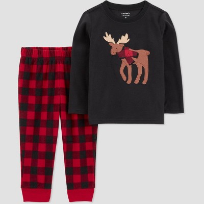 Image of Carter's Just One You®️ Toddler Boys' 2pc Long Sleeve Fleece Blanket Sleeve Buffalo Checkered Christmas Pajama Set - Black/Red 4T