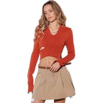 Slickblue Women's Cut Out Collared Crop Sweater, V-Neck, Long Sleeve, Lightweight Top, Size S-L, Color Options