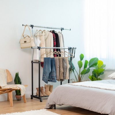 Adjustable Black Metal Double Rod Clothes Rack with Wheels