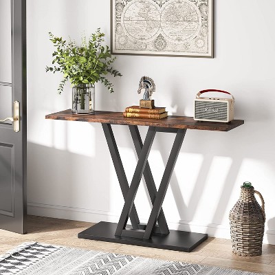 Rustic Brown and Black Metal Console Table with Storage