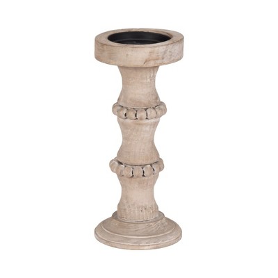 Wood Pillar Candle Holder with Decorative Beads, Antique Finish Candlestick for Home or Wedding Decor, Ivory/Beige