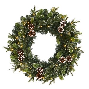 Nearly Natural 24-in Snowed Pinecone Artificial Christmas Wreath with 35 Clear LED Lights - 1 of 4