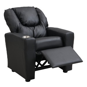 Infurnic Kids Sofas Leather Kids Upholstered Couch with One Cup Holder,ootrest, Headrest and Footrest, Black, 21.26"*16.93"*26.38" - 1 of 4