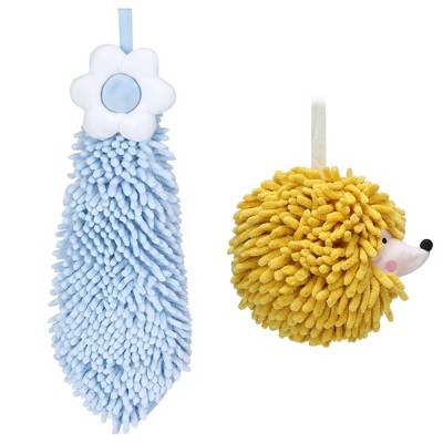 REGALWOVEN 2 Packs Chenille Hand Towel Flower and Cute Cartoon Hanging Hand Towel for Bathroom 6" x 15"/7" x 7"