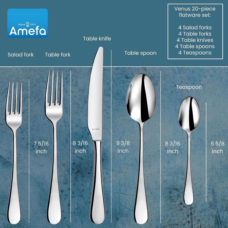 Amefa Venus 20-Piece Premium 18/10 Stainless Steel Flatware Set, High Gloss Mirror Finish, Silverware Set Service for 4, Rust Resistant Cutlery, 2 of 9