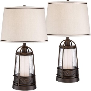 Franklin Iron Works Hugh 26" High Lantern Farmhouse Rustic Industrial Table Lamps Set of 2 LED Night Lights Bronze Finish Metal Living Room Bedroom - 1 of 4