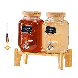 VEVOR Beverage Dispenser, 2 Pack 1 Gallon Drink Dispensers for Parties, Glass Juice Dispenser with Wood Stand, Stainless Steel Spigot,Infuser, Clear - 1 of 4