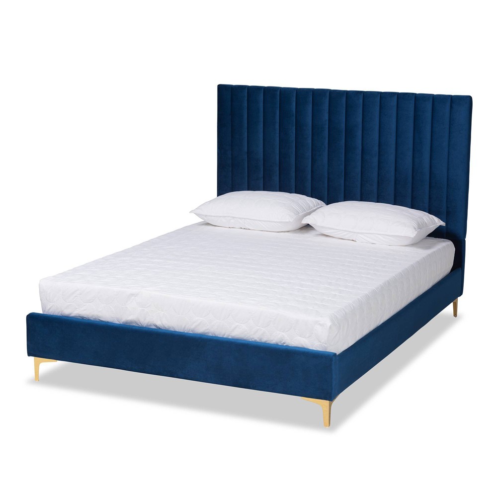 Photos - Bed Frame Queen Serrano Velvet Fabric Upholstered and Metal Platform Bed Navy Blue/G