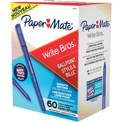 Paper Mate Write Bros. Ballpoint Stick Pen, 1.0 mm Medium Tip, Blue Ink/Barrel, pk of 60