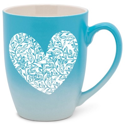 Elanze Designs Heart Leaf Two Toned Ombre Matte Teal and White 12 ounce Ceramic Stoneware Coffee Cup Mug