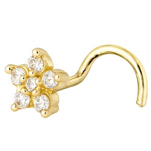 Jewelry Avalanche 20G 14K Yellow Gold CZ Accented Flower Nose Screw Nose Ring Stud - 1 of 4