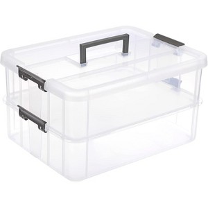 2-Tiers Stack Carry Storage Box with Handle,Transparent Stackable Storage Bin with Handle Lid Latching Storage Container for School&Office Supplies - 1 of 4