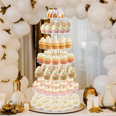 Hachikiko Round Acrylic Cupcake Stand with LED Light String - Large Tower for Weddings, Birthday Parties, Pastry Dessert Display