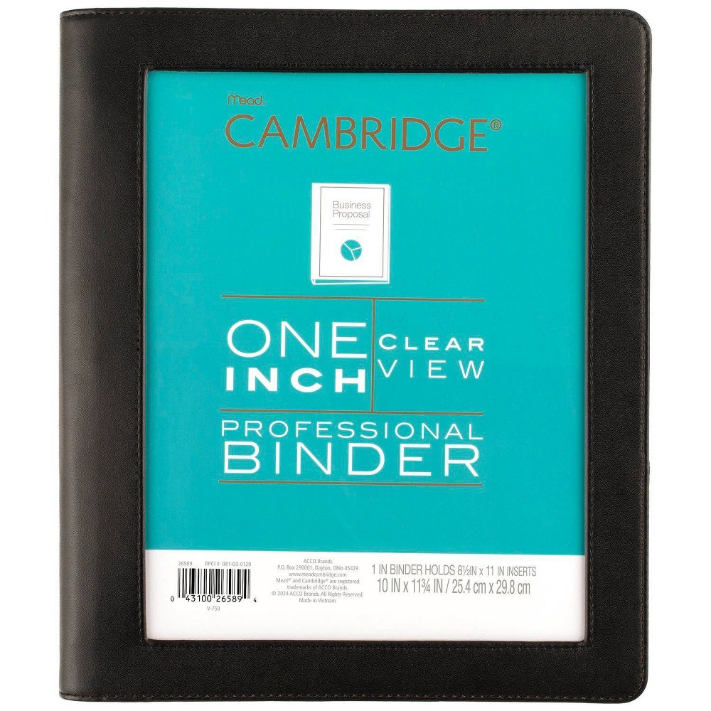 Cambridge 1" Professional Clear View 3 Ring Binder Black