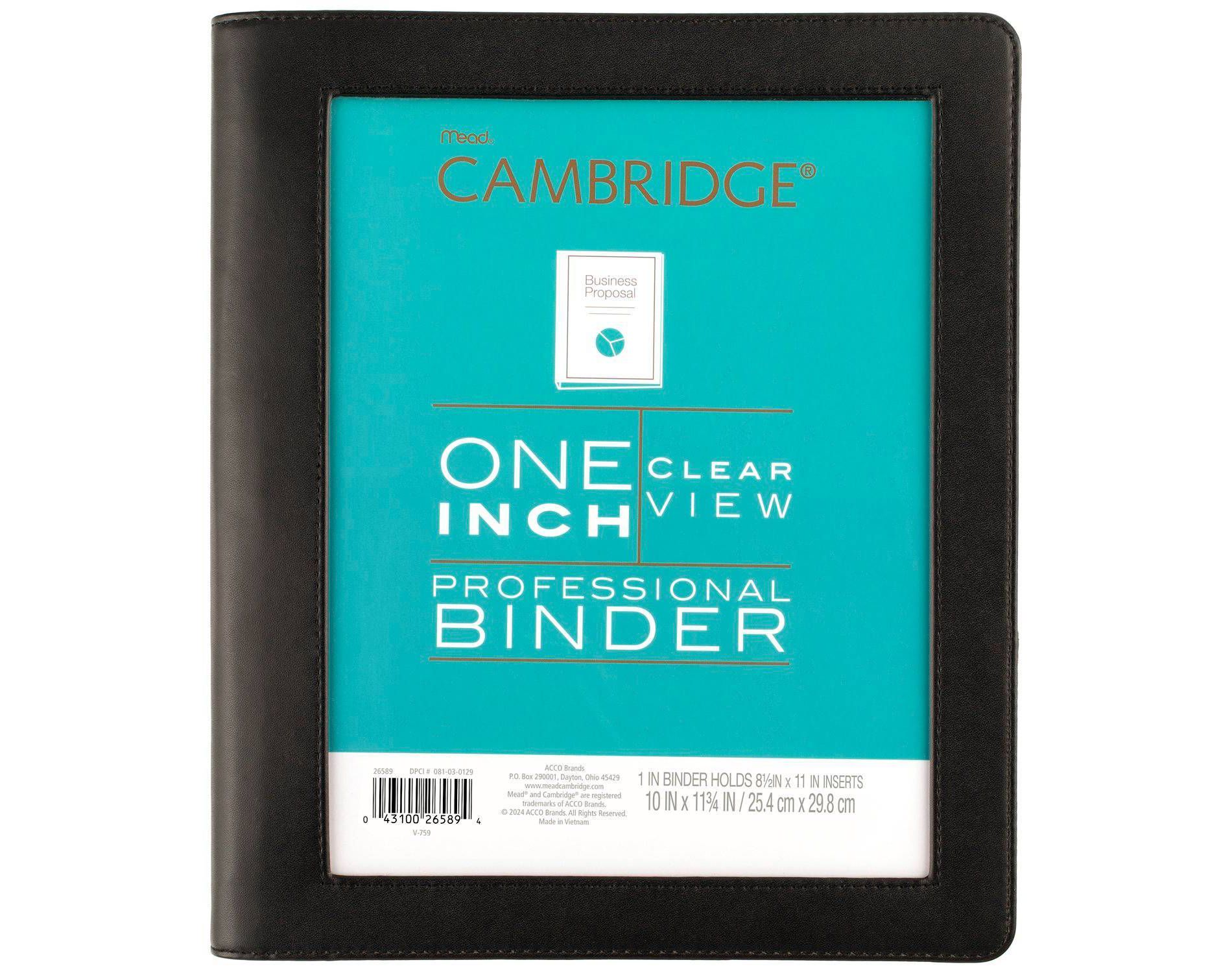 Cambridge 1" Professional Clear View 3 Ring Binder Black