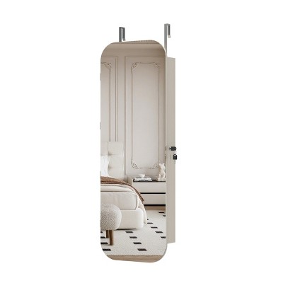 GlasFlength Full Length Mirrors Jewelry Cabinet Armoire with Mirror Lockable Cabinet Door or Wall Mounted for Room, White, 47.2"*14.5"*3.7"