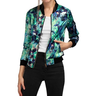 INSPIRE CHIC Women's Stand Collar Floral Prints Zip Up Lightweight Short Jacket