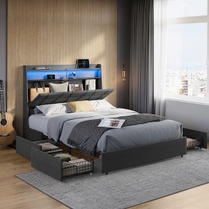 Queen Bed Frame with 51.4-Inch Tall Storage Headboard,Bed Frame Queen Size, with 4 Storage Drawers on Wheels, LED Lights, Charging Station, Gray - 1 of 4