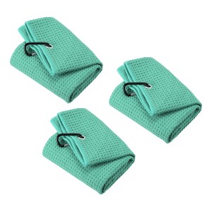 Unique Bargains Super Absorbent Waffle Pattern Tri-Fold Golf Towels with D Clips 3 Pcs - 1 of 4