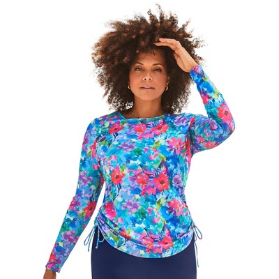 Swimsuits for All Women's Plus Size Adjustable Side Tie Long Sleeve Swim Tee With Built-In Bra