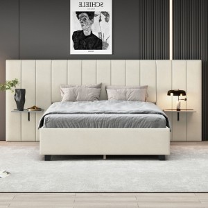 Queen Size Upholstered Platform Bed with Big Headboard, Bedroom Furniture - 1 of 4