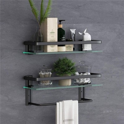 Munora 15.7" Glass Bathroom Shelf - Wall Mounted Floating Shelves with Towel Holder, 2-Tier Shower Shelf