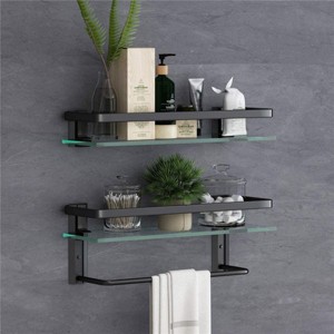 Munora 15.7" Glass Bathroom Shelf - Wall Mounted Floating Shelves with Towel Holder, 2-Tier Shower Shelf - 1 of 4