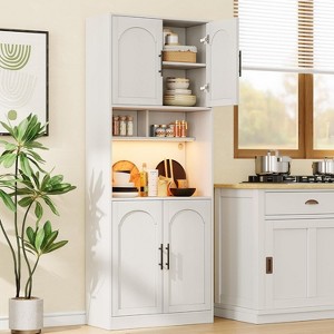 71 Inch Tall Kitchen Pantry Cabinet with Microwave Stand & Led Lights, Hutch Storage Cabinet, Slim Wood Cupboard for Dining Rooms, Apartments, White - 1 of 4