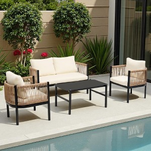 4-Piece Outdoor Patio Iron Conversation Sofa Set with Tempered Glass Coffee Table - 1 of 4