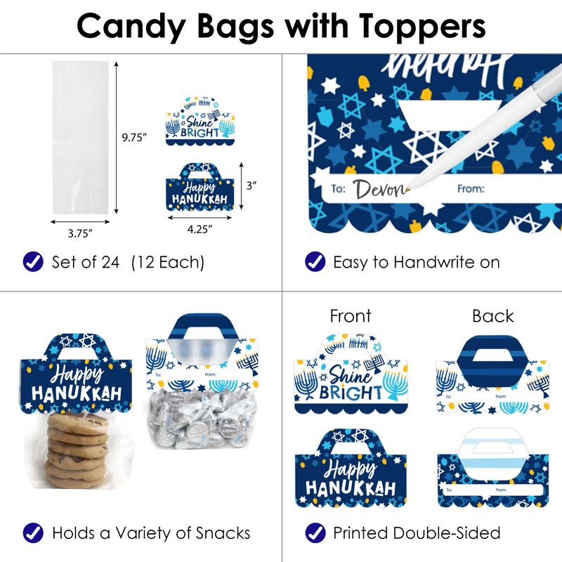 Big Dot of Happiness Hanukkah Menorah - DIY Chanukah Holiday Party Clear Goodie Favor Bag Labels - Candy Bags with Toppers - Set of 24, 3 of 9