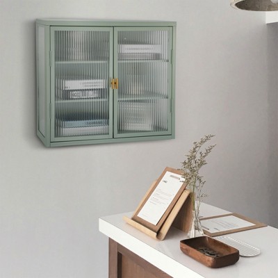 Wall mounted metal cabinet with double glass doors, multifunctional storage solution, and detachable shelves