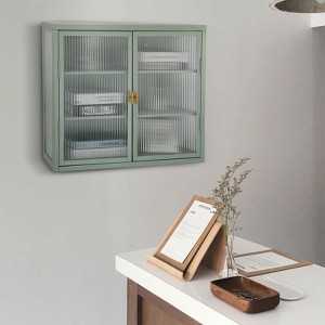 Wall mounted metal cabinet with double glass doors, multifunctional storage solution, and detachable shelves - 1 of 4