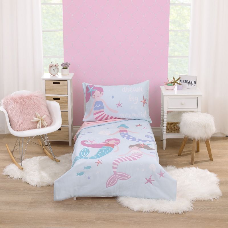 Everything Kids Mermaid Pink and Blue Dream Big Little Mermaid 4 Piece Toddler Bed Set, 1 of 7