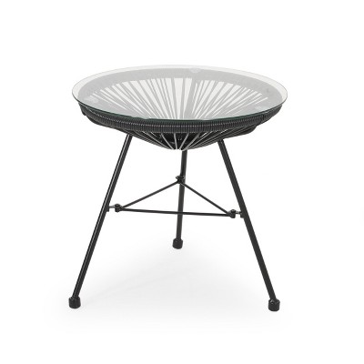 VisioGear Square End Table, Rattan End Table with Glass Top, Patio Coffee Bistro Table for Indoor Garden Porch Balcony, Black, 17.75"*17.75"*18"