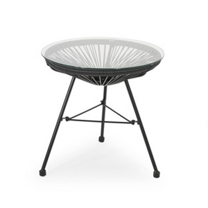 VisioGear Square End Table, Rattan End Table with Glass Top, Patio Coffee Bistro Table for Indoor Garden Porch Balcony, Black, 17.75"*17.75"*18" - 1 of 4