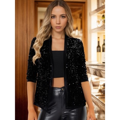 Allegra K Women's Open Front Collarless 3/4 Sleeve Sequin Velvet Jacket Black Small — фото 2