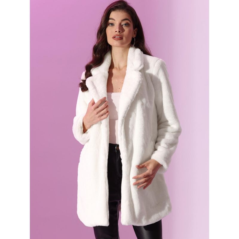 Allegra K Women's Lapel Collar Faux Fur Fuzzy Winter Long Overcoat with Pockets, 2 of 7