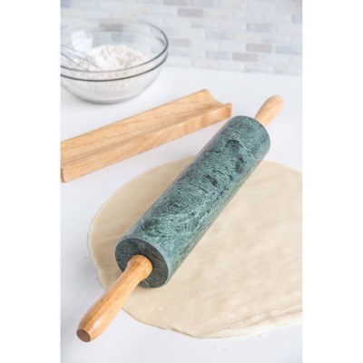 Green Marble Rolling Pin with Wooden Handles and Base