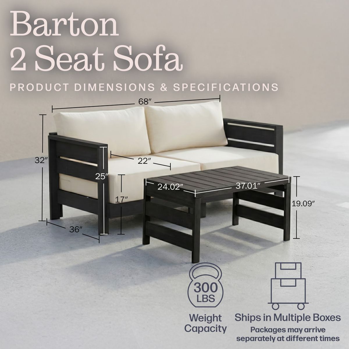 Alaterre Furniture Barton Patio Loveseat with Outdoor Coffee Table - Weather-Resistant Eucalyptus Wood Patio Furniture Set - 2 Seater (Black) - thumbnail 3