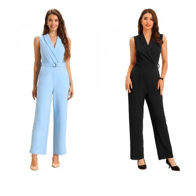 INSPIRE CHIC Women's Casual Sleeveless Shawl Collar Office Belted Cropped Jumpsuit 2 Packs